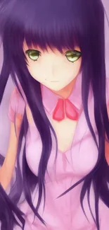 Anime girl with purple hair and green eyes on pink background.