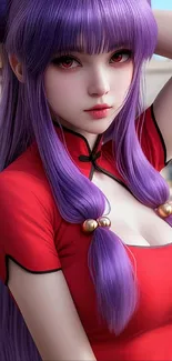 Wallpaper of anime girl with purple hair and red outfit.