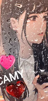 Anime girl with raindrop effect and hearts on wallpaper.