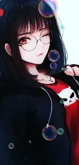 Anime girl with red and black accents on a mobile wallpaper.