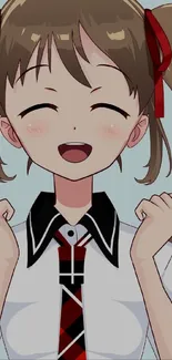 Anime girl with red bows smiles joyfully.