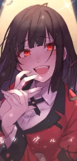 Anime girl with red eyes and dark hair, surrounded by dramatic lighting.