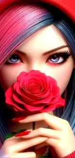 Anime girl holding a red rose with vibrant colors and artistic design.