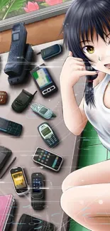 Anime girl with retro mobile phones on table.