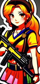 Anime-style girl with rifle on a vibrant background wallpaper.