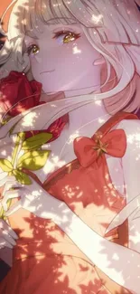 Anime girl with red rose in sunlight, elegant and serene.