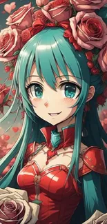 Anime girl with teal hair and red rose crown.