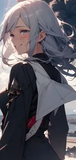 Anime girl with silver hair stands in a cloudy sky backdrop.