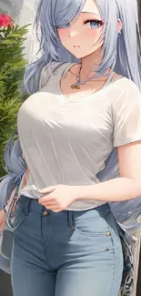 Anime girl with silver hair in a serene outdoor scene.