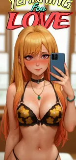 Anime girl taking a selfie in colorful attire.