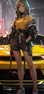 Anime girl stands beside a yellow sports car in urban setting.