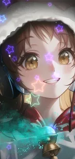 Anime girl with glowing star effects in colorful digital art.