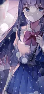 Anime girl with stars and dreamy purple background.