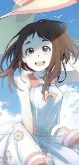 Anime girl in a white dress wearing a summer hat under blue sky.