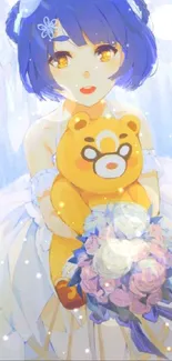 Anime girl with blue hair, holding a teddy and flowers.