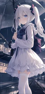 Anime girl holding umbrella in a rainy night scene with trains.