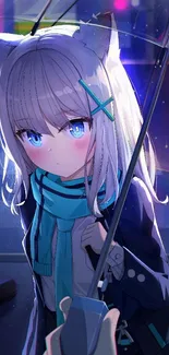 Anime girl with blue eyes and umbrella in a night scene.