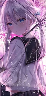 Anime girl holding umbrella in a pink and violet rainy scene.