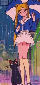 Anime girl under umbrella walking with cat in rain.