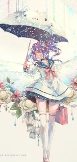 Anime girl with umbrella and floral backdrop in a whimsical art style.