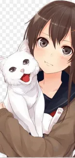 Anime girl with brown hair holding a cheerful white cat.