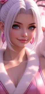 Anime girl with a white cat on shoulder, pink and white theme.