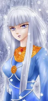 Elegant anime girl with white hair in a blue dress and intricate jewelry.