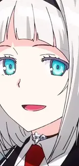 Anime girl with white hair and blue eyes, smiling.