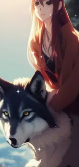 Anime girl with a wolf set in a dreamy, mystical landscape.