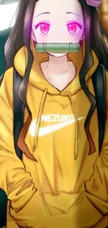 Anime girl in yellow hoodie with neon eyes.