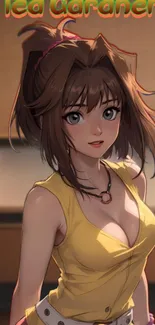 Anime girl with brown hair in a yellow top, stylish and vibrant.