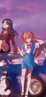 Anime girls with car and penguin under a sunset sky.