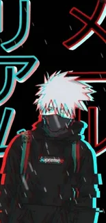 Anime character in glitch art style with colorful Japanese text on black background.