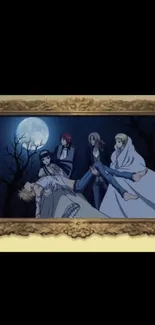 Gothic anime wallpaper with framed moonlit scene.