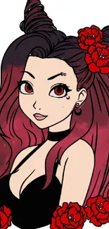 Anime gothic girl with red roses and dark hair.