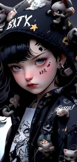 Anime gothic girl with black hoodie and unique artistic details.