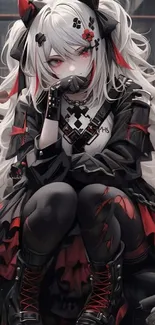 Gothic anime girl with dramatic red accents sitting in an urban backdrop.