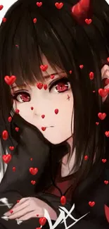 Anime gothic girl with red eyes and heart designs wallpaper.