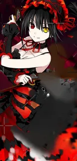 Anime gothic girl with red and black dress on mobile wallpaper.