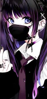 Anime gothic girl with purple accents and mask on mobile wallpaper.