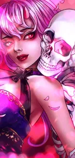 Anime girl with pink hair and skeleton in a vibrant gothic scene.