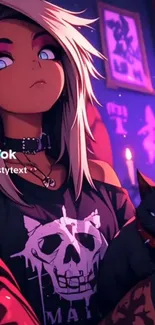 Anime-style character in gothic attire with cat, purple background.