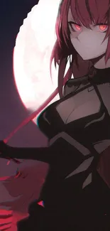 Gothic anime warrior with red moon backdrop.