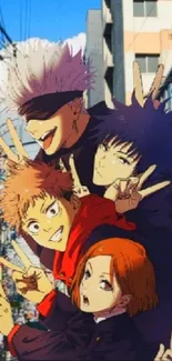 Colorful anime group with peace signs in city backdrop.