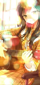 Anime girl with long hair playing guitar by a sunlit window.