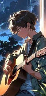 Anime boy playing guitar with a stormy sky background.