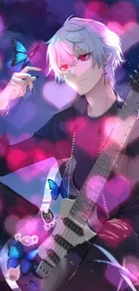 Anime guitarist with butterflies and heart lights.