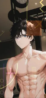 Anime character in gym setting with muscles and blue eyes.