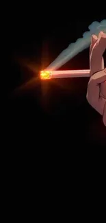 Anime hand holding a glowing cigarette on a dark background.