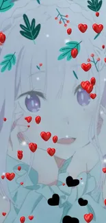 Anime girl wallpaper with hearts and leaves.